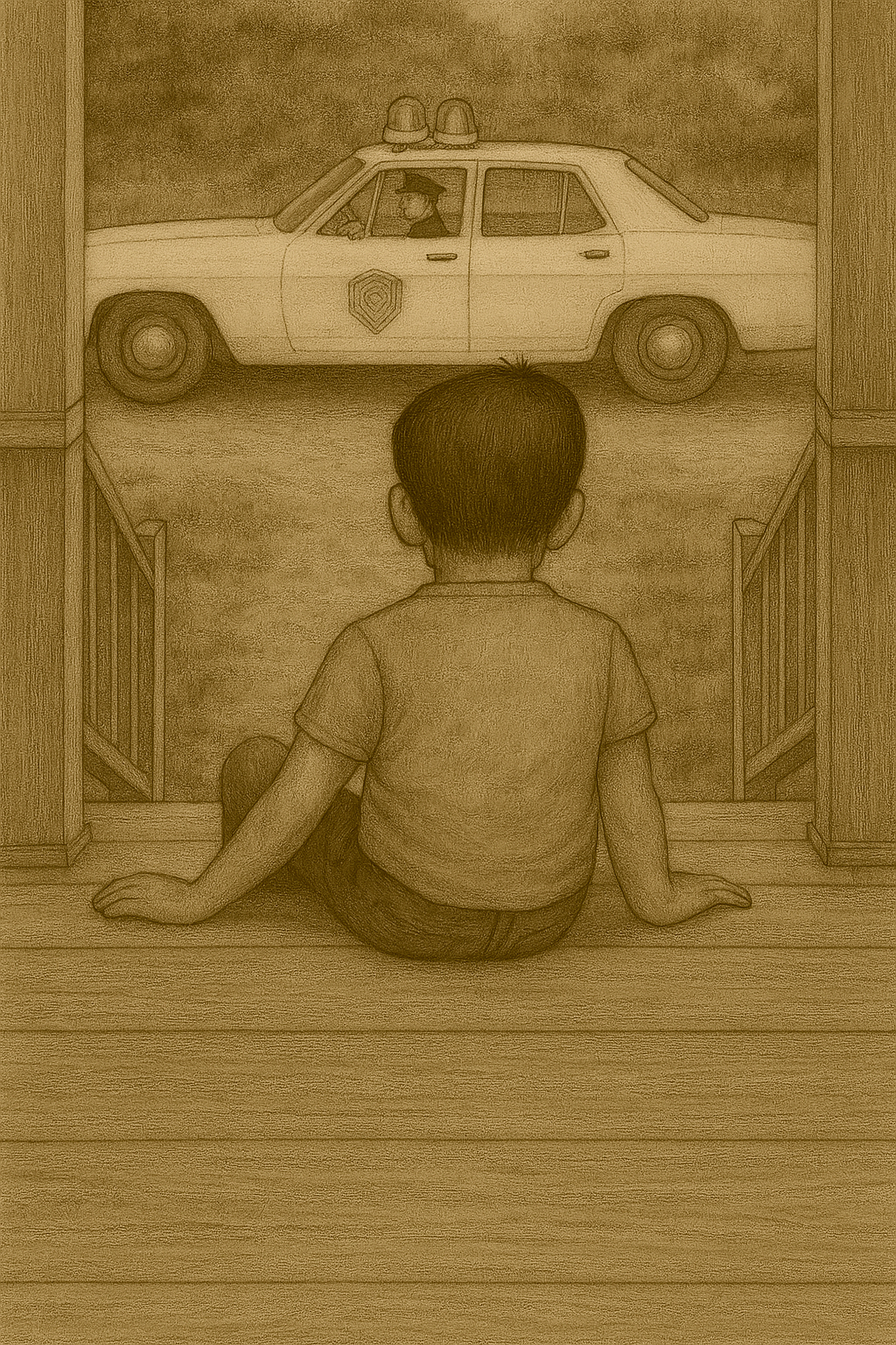 Drawing of a couple in yard next to a sheet covering somethingonthe ground.  A house in in the background.