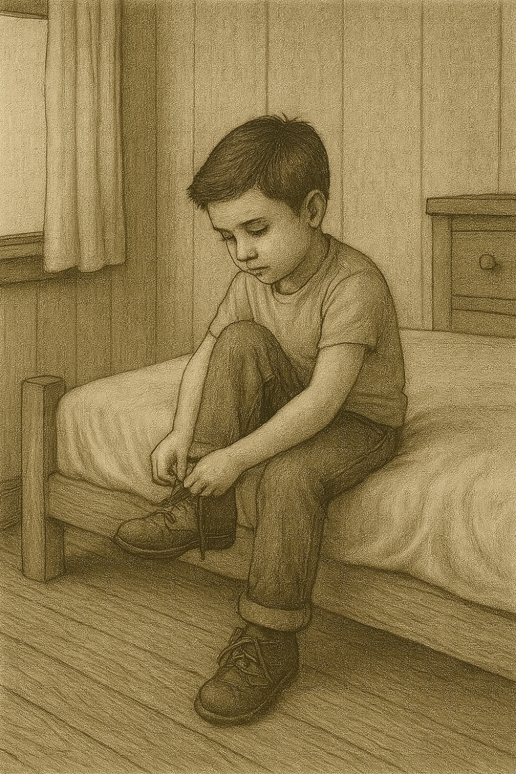 Drawing of a couple in yard next to a sheet covering somethingonthe ground.  A house in in the background.