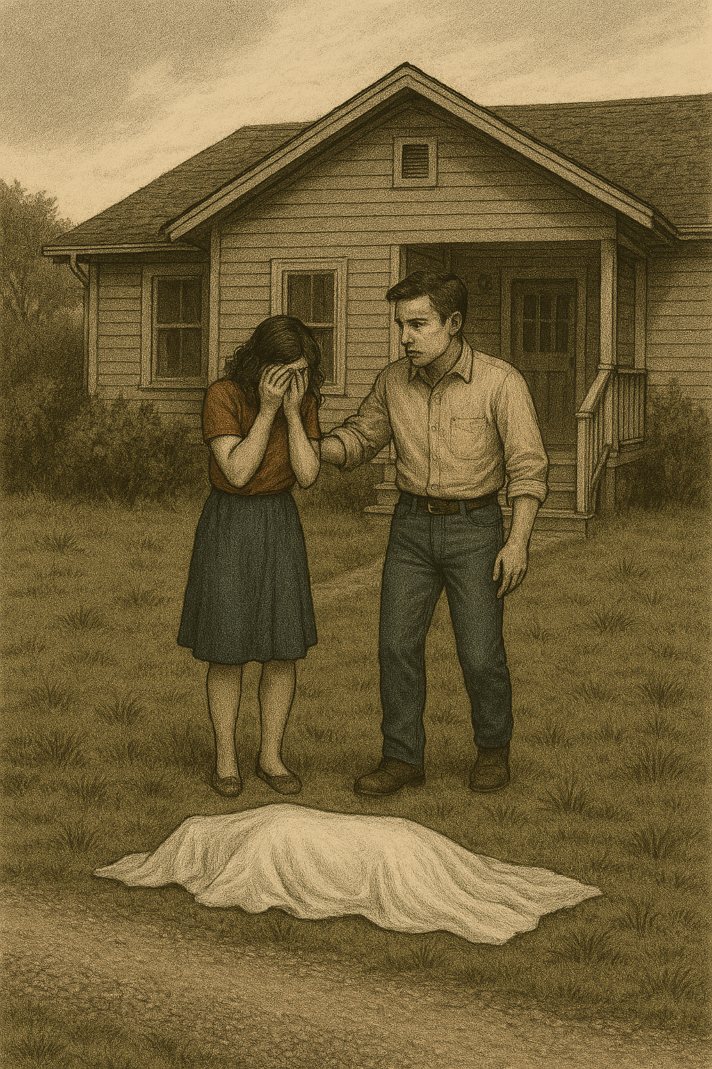 Drawing of a couple in yard next to a sheet covering somethingonthe ground.  A house in in the background.