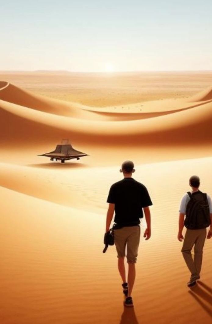 Two men walk on sandy dunes toward a brown craft on the ground.